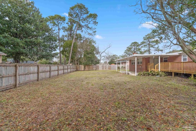 view of yard featuring a fenced backyard and a wooden deck