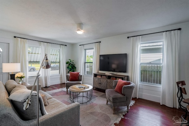 living room featuring dark hardwood / wood-style floors and a textured ceiling