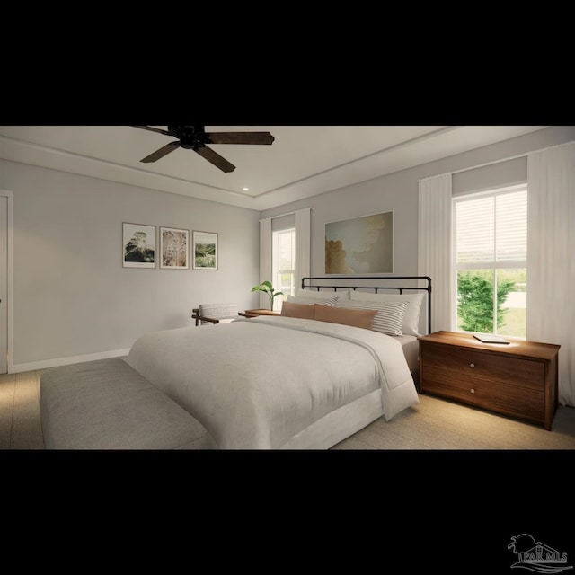 bedroom featuring multiple windows, light colored carpet, and ceiling fan