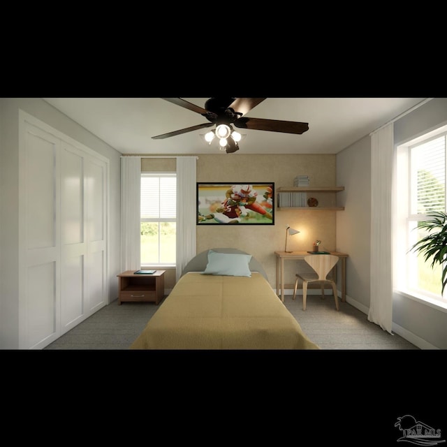 bedroom featuring ceiling fan, light colored carpet, and a closet