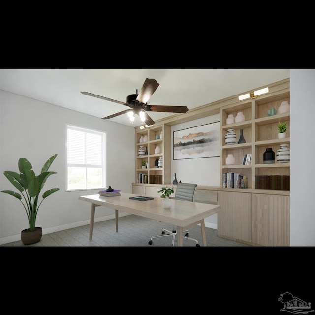 home office featuring built in features and ceiling fan