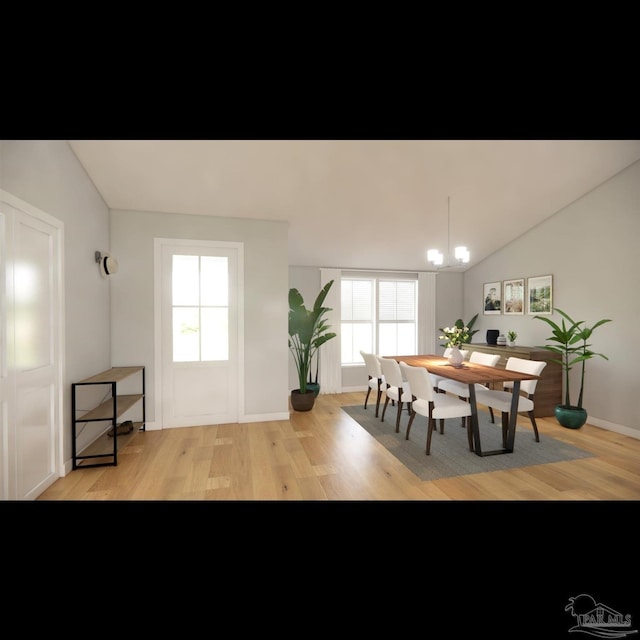 dining space with light hardwood / wood-style floors, lofted ceiling, and an inviting chandelier