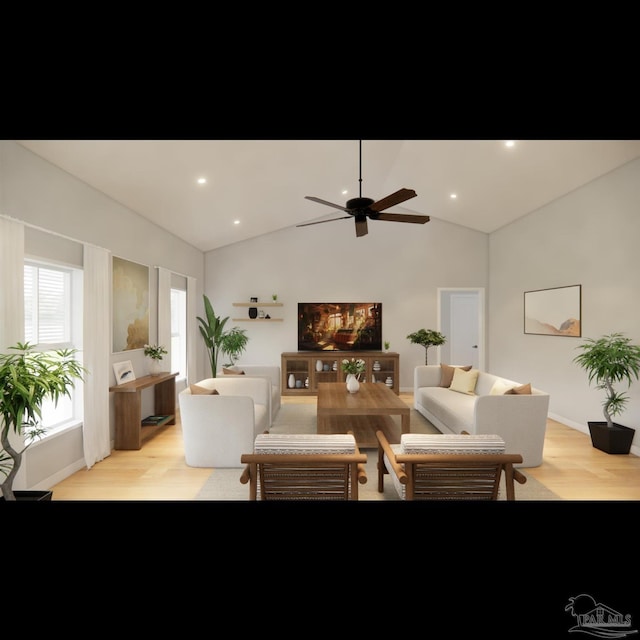 living room featuring ceiling fan, light hardwood / wood-style flooring, and high vaulted ceiling