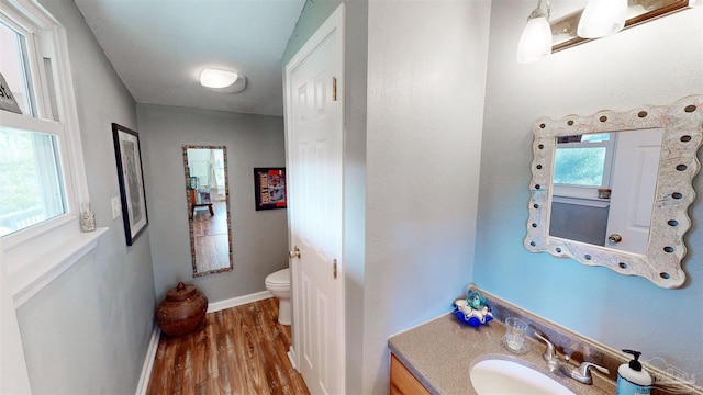 bathroom featuring toilet, baseboards, wood finished floors, and vanity