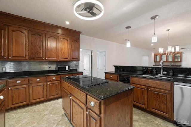 2960 Laurel Dr, Gulf Breeze, FL 32563 - kitchen featuring a sink, black electric stovetop, crown molding, a kitchen island, and tasteful backsplash