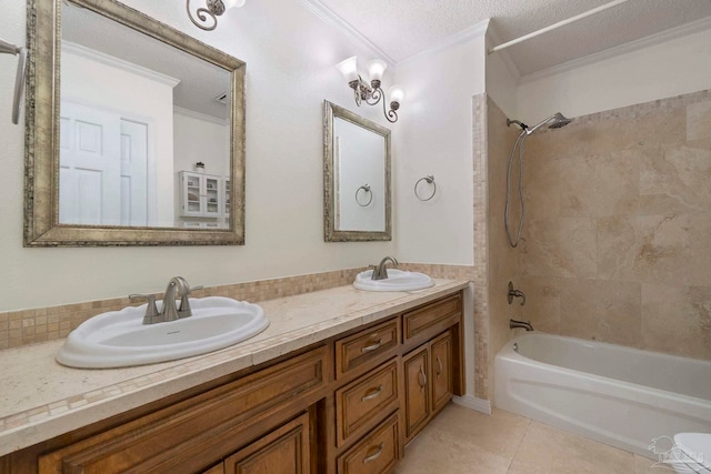 2960 Laurel Dr, Gulf Breeze, FL 32563 - bathroom with crown molding, shower / washtub combination, tile patterned floors, double vanity, and a textured ceiling
