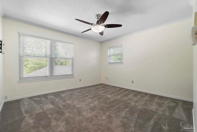 2960 Laurel Dr, Gulf Breeze, FL 32563 - spare room featuring a textured ceiling, carpet flooring, a ceiling fan, crown molding, and baseboards