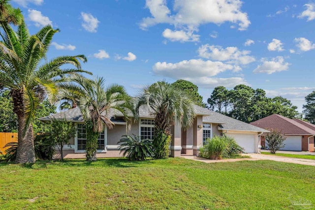 single story home featuring a garage and a front lawn