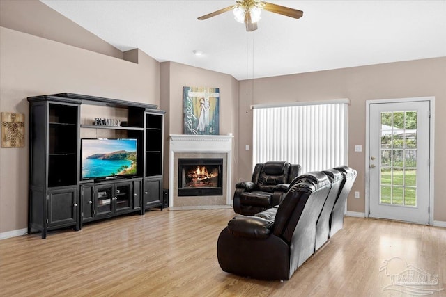 5761 Twisted Oak Ct, Pace, FL 32571 - living room featuring vaulted ceiling, ceiling fan, baseboards, and light wood-style floors