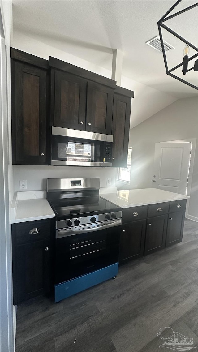 6280 Long St, Milton, FL 32570 - kitchen featuring stainless steel appliances, lofted ceiling, dark wood-type flooring, light countertops, and dark cabinetry