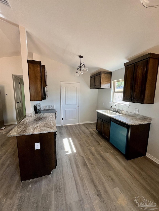6280 Long St, Milton, FL 32570 - kitchen featuring stainless steel appliances, dark brown cabinets, a chandelier, wood finished floors, and lofted ceiling