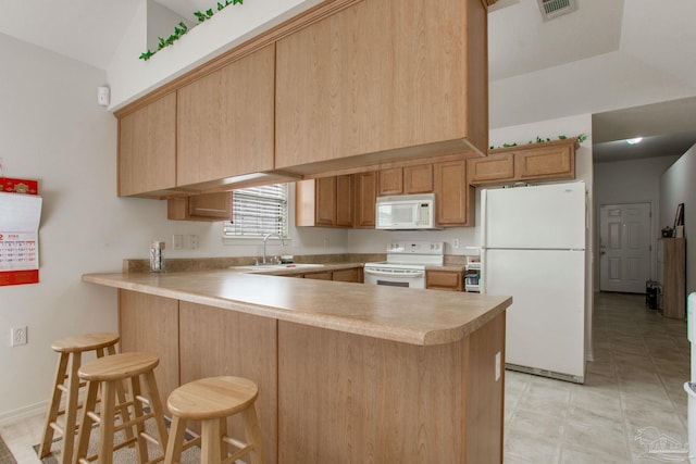 1408 Dunhurst Dr, Pensacola, FL 32534 - kitchen with visible vents, a peninsula, white appliances, light countertops, and a sink