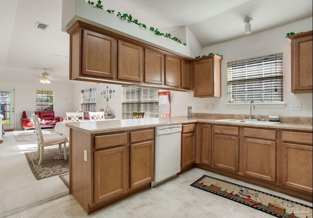 1408 Dunhurst Dr, Pensacola, FL 32534 - kitchen featuring ceiling fan, a sink, dishwasher, a peninsula, and visible vents