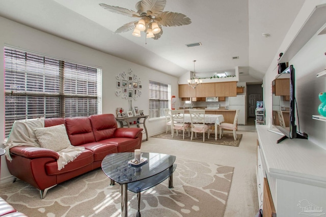 1408 Dunhurst Dr, Pensacola, FL 32534 - living area with light colored carpet, visible vents, vaulted ceiling, baseboards, and ceiling fan with notable chandelier