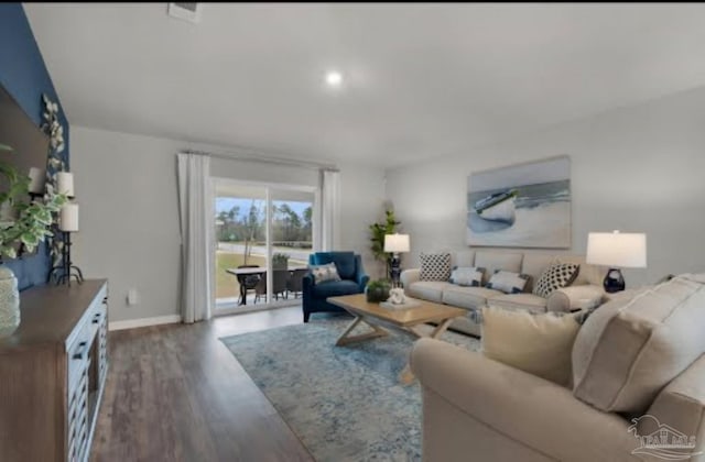 living room featuring wood finished floors and baseboards