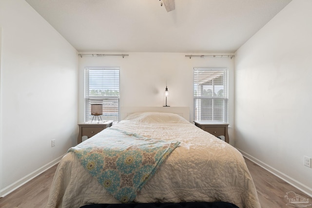 bedroom featuring baseboards, multiple windows, and wood finished floors
