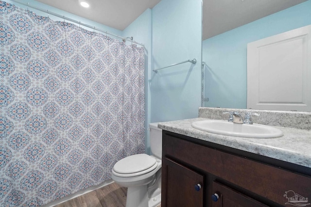 full bathroom featuring toilet, vanity, wood finished floors, and curtained shower