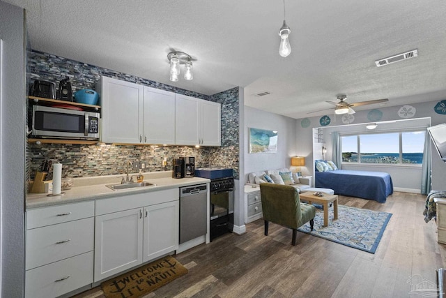 kitchen with appliances with stainless steel finishes, dark hardwood / wood-style floors, white cabinetry, sink, and a textured ceiling