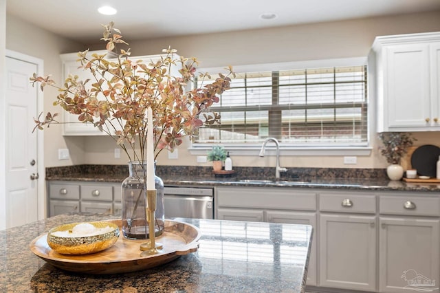 room details featuring dishwasher, sink, dark stone countertops, and white cabinets