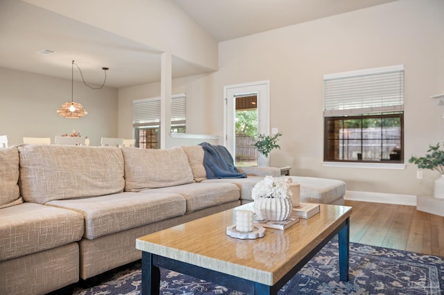 living room with wood-type flooring and lofted ceiling