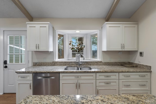4507 Whisper Way, Pensacola, FL 32504 - kitchen featuring stainless steel dishwasher, beam ceiling, light stone counters, and white cabinetry