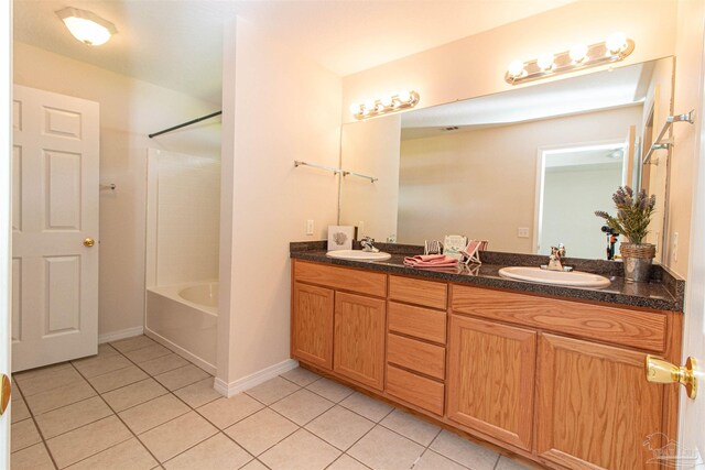 bathroom featuring tub / shower combination, vanity, and tile patterned flooring