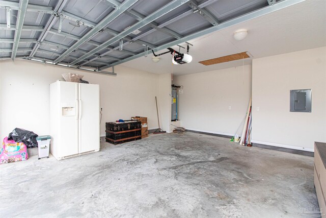 garage with a garage door opener, electric panel, white refrigerator with ice dispenser, and water heater