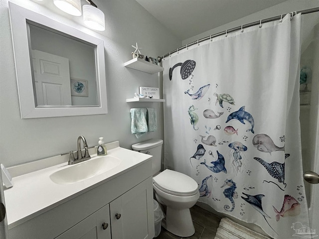 bathroom featuring a shower with curtain, vanity, and toilet