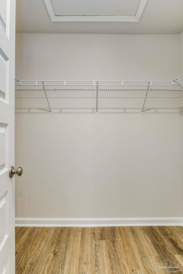 spacious closet with attic access and wood finished floors