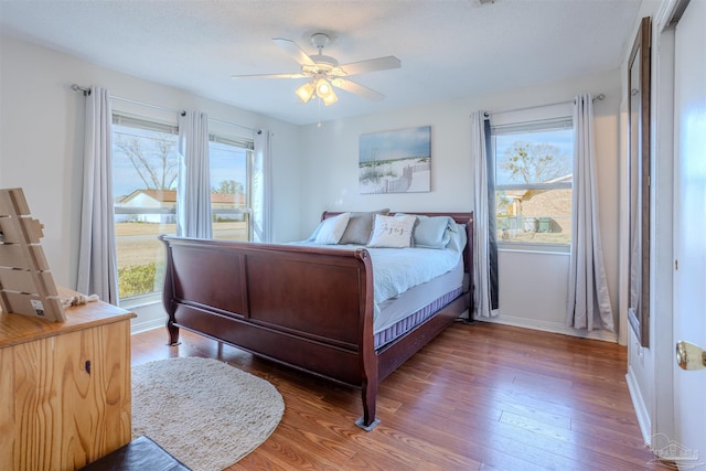 bedroom with multiple windows, hardwood / wood-style flooring, and ceiling fan