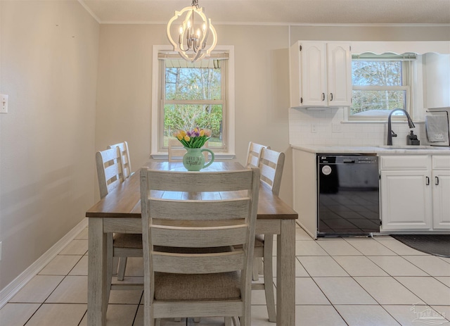 tiled dining space featuring crown molding, sink, and a chandelier