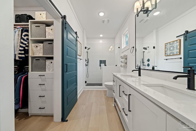 full bathroom featuring wood finished floors, a stall shower, and a sink