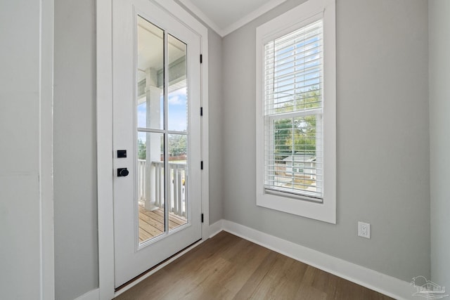 doorway with baseboards, crown molding, dark wood-style flooring, and a healthy amount of sunlight