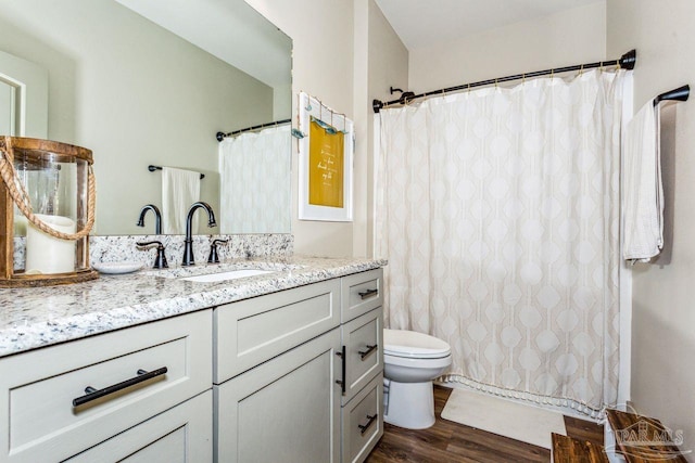 1058 Iron Forge Rd, Cantonment, FL 32533 - full bath featuring wood finished floors, toilet, vanity, and curtained shower