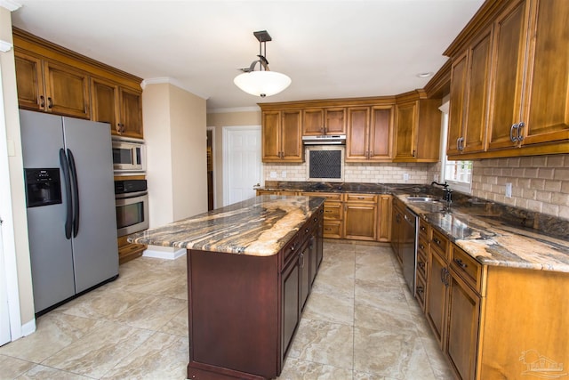 316 Dolphin St, Gulf Breeze, FL 32561 - kitchen featuring stainless steel appliances, tasteful backsplash, a sink, crown molding, and dark stone counters