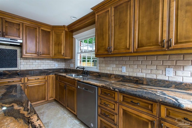 316 Dolphin St, Gulf Breeze, FL 32561 - kitchen featuring dishwasher, a sink, under cabinet range hood, and dark stone counters