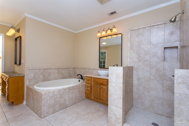 316 Dolphin St, Gulf Breeze, FL 32561 - full bath featuring walk in shower, a bath, ornamental molding, and tile patterned floors