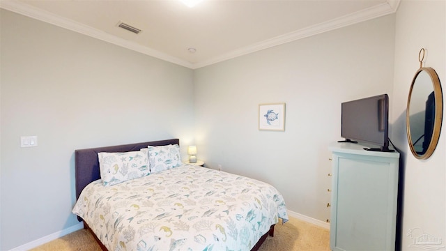 carpeted bedroom featuring crown molding