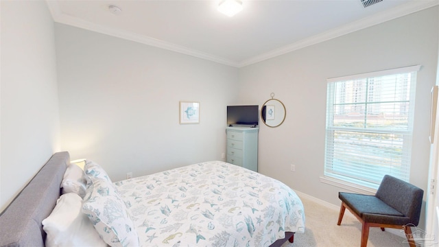 bedroom featuring carpet floors and crown molding