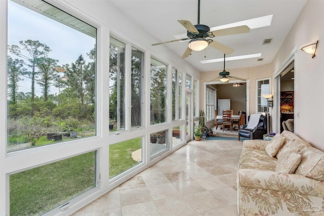 sunroom / solarium featuring ceiling fan and a wealth of natural light