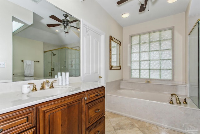 bathroom featuring vanity, independent shower and bath, and tile patterned floors