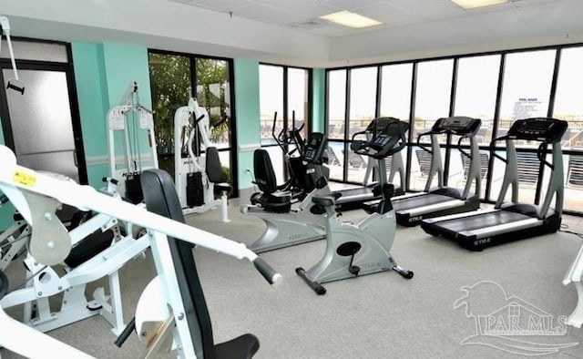 exercise room featuring a drop ceiling
