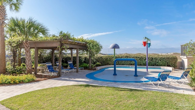 view of community with a swimming pool, a patio area, and a lawn