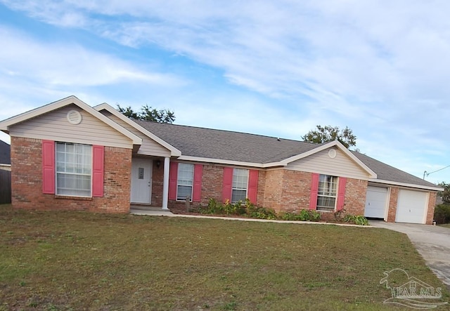 ranch-style house with a garage and a front yard