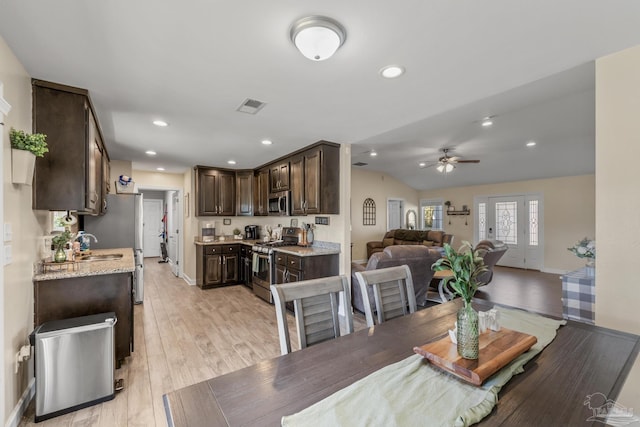 dining room with a ceiling fan, recessed lighting, visible vents, and light wood-type flooring