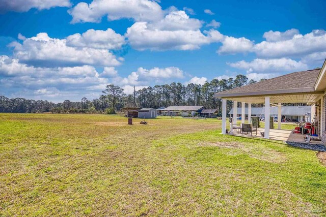 view of yard featuring a storage shed, a patio, and an outdoor structure