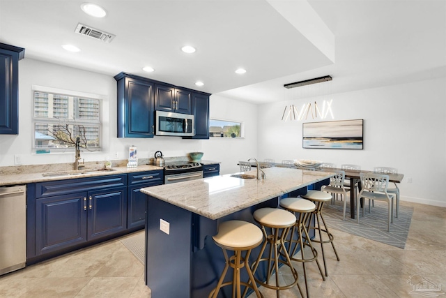 1299 Ft Pickens Rd Unit 6, Pensacola Beach, FL 32561 - kitchen featuring blue cabinets, visible vents, a sink, a kitchen breakfast bar, and stainless steel appliances