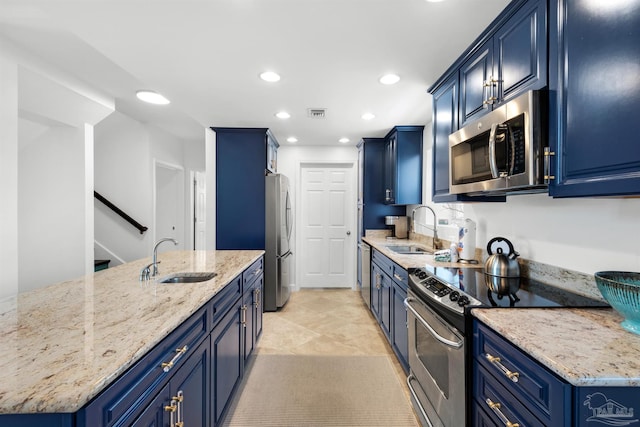 1299 Ft Pickens Rd Unit 6, Pensacola Beach, FL 32561 - kitchen featuring blue cabinetry, light stone countertops, stainless steel appliances, and a sink