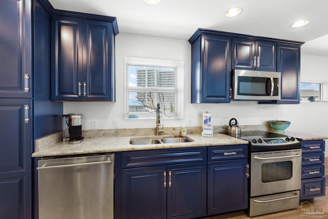 1299 Ft Pickens Rd Unit 6, Pensacola Beach, FL 32561 - kitchen with blue cabinets, appliances with stainless steel finishes, and a sink