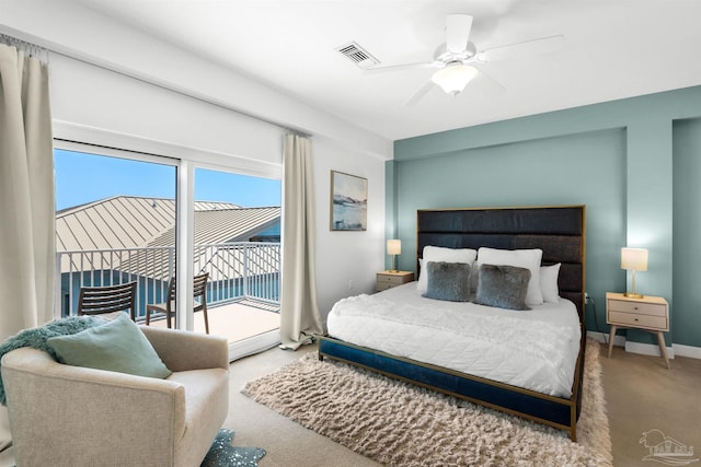 1299 Ft Pickens Rd Unit 6, Pensacola Beach, FL 32561 - carpeted bedroom with access to exterior, baseboards, visible vents, and ceiling fan